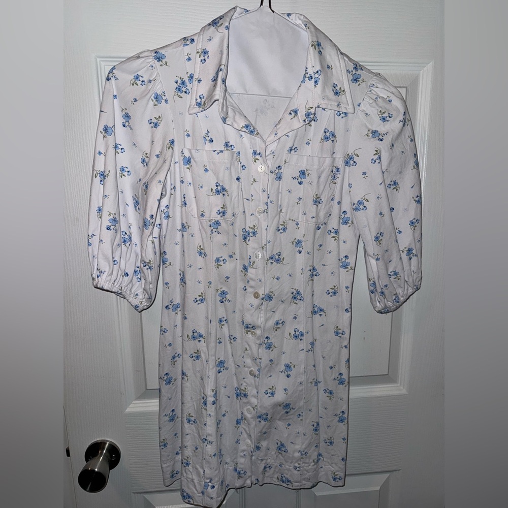 Lightweight white denim mini dress with blue floral detail, from petal & pup